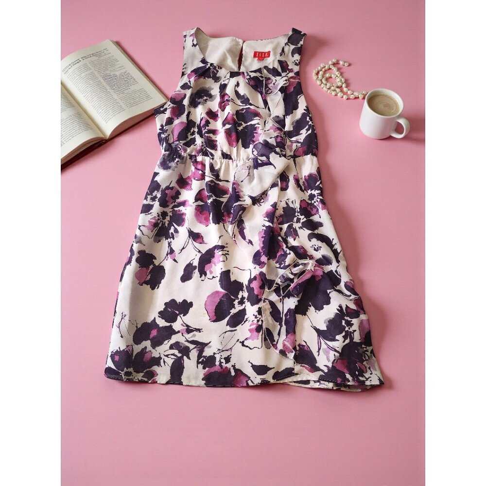 Elle Purple Watercolor Floral Sleeveless Ruffle Dress–Romantic Brunch Vibes Sz M